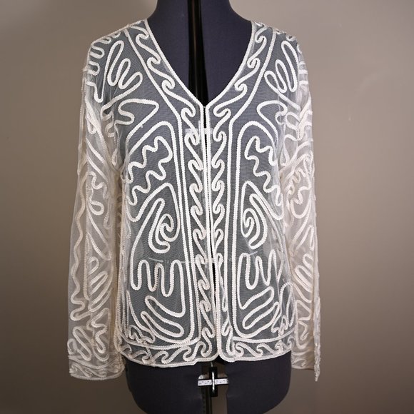 Feelings Tops - Elegant Cream Long Sleeve Lace Cardigan with Passementerie detailing. Size L